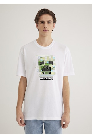 Mavi - Minecraft Baskılı Beyaz Tişört 0612734-620 Beyaz