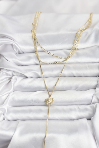 Zarif Boyunlar İçin Golden Pirinç Zirkonlu Güneş Üçlü Kombin Y Kadın Kolye Standart