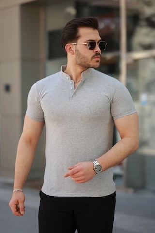 Vexor Erkek Hakim Yaka Dokuma Pamuklu Kumaş Kısa Kollu T-shirt Gri