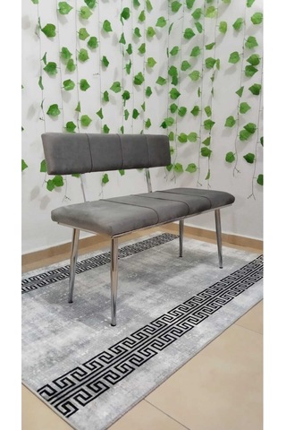 Özcan Metal Bench Sırtlı Krom Metal Ayaklı Mutfak Salon Antre Yatak Odası Puf Bank Oturak Takımı Gri