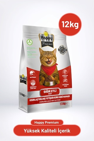 Happy Kısırlaştırılmış Sığır Etli Kuru Kedi Maması 12 KG