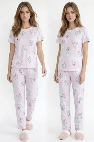 Kompedan Kadın Bisiklet Yaka Yumuşak Dokulu Ayıcık Desenli Kısa Kol Pijama Takım Pembe 70132-4680