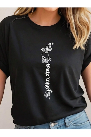 Cute Angel T-shirt - Siyah Baskılı Oversize Bisiklet Yaka Kısa Kol Tişört Siyah