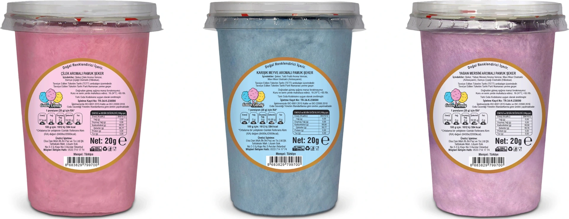 Çilek, Tutti Frutti , Yabanmersini, Aromalı 3'lü Gurme Pamuk Şekerler