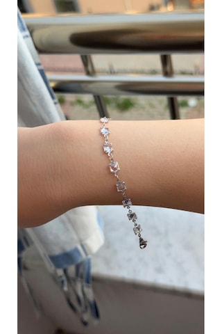 Kadın Gümüş Renk Prenses Kesim Zirkon Taşlı Bileklik 18 Cm