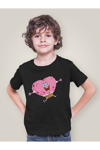 Sevbano Unisex Süngerbob Kalp Baskılı Çizgi Film Çocuk Tişört 1-12 Yaş Siyah