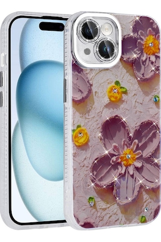 Apple Uyumlu iPhone 14 Kılıf Çiçek Desenli Parlak Taşlı Sert Silikon Tchs Garden Kapak - Mavi Mavi