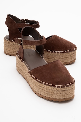 Luvishoes Viba Kahve Süet Hakiki Deri Kadın Hasır Dolgu Taban Sandalet Kahverengi