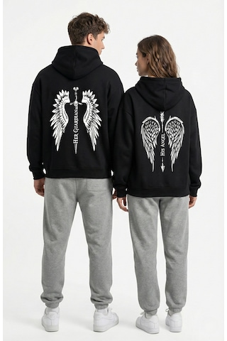 Nevermind Unisex His Angel & Her Guardian Baskılı Sevgili Kombini Hoodie Se Siyah