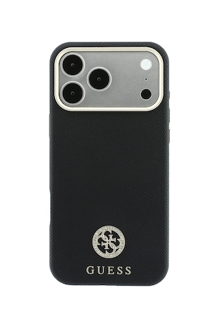 Apple iPhone Uyumlu 18 Pro Max Kılıf Guess Lisanslı M-safe Özellikli Pu Taşlı Metal 4g Ve Yazı Logolu Kapak Siyah