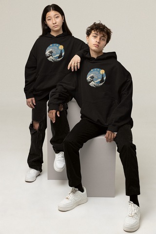 Harmandar Yıldızlı Gece Wave - Dalga Baskılı Unisex Siyah Kanguru Cepli Kapüşonlu Sweatshirt Hoodie Siyahyildizlidalga