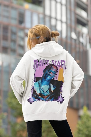 Sevbano Travis Scott Baskılı Unisex Oversize Rapper Şarkıcı Hoodie Beyaz