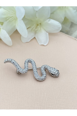 Kyver Yılan Model Full Zirkon Taşlı Broş Silver