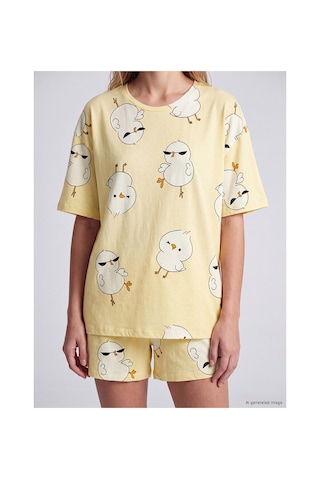 LC Waikiki Alıta Cıty Farkıyla Lcw Young Sarı Penye Baskılı Kısa Kollu Kadın Şortlu Pijama Takımı Sari - 929536671 Sari