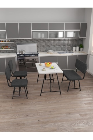 Hayat 70x110 Beyaz Mutfak Masası, Mutfak Masası Takımı, Yemek Masası, 2 Sandalye 1 Bench - Antrasit Antrasit