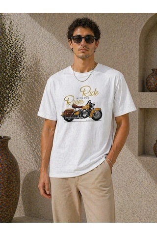 Novalisse Erkek Motosiklet Baskılı Tişört Bisiklet Yaka Kısa Kol Yazlık T-shirt - Beyaz