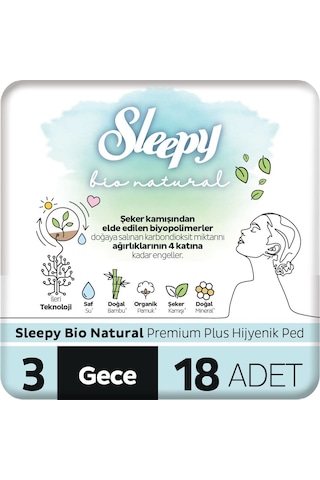 Sleepy Bio Natural Premium Plus Hijyenik Ped Gece 18 Adet Ped