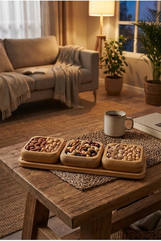 Makri Home Bambu 3'lü Çerezlik & Kuruyemiş Sunum Seti Kare Tepsili, Doğal Ahşap Servis Kasesi Bambu