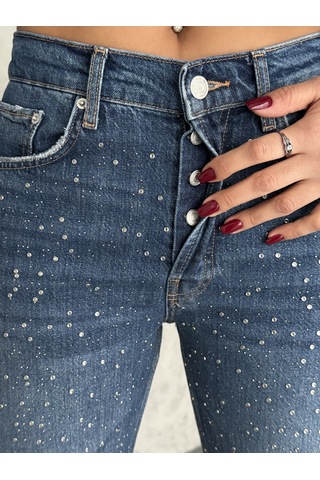 Kadın Taşlı Premium Mavi Kot Pantolon Mavi