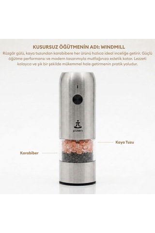 Pizen Windmill Usb Şarjlı Otomatik Baharat Öğütücü Led Işıklı Ayarlanabilir Tuz Karabiber Değirmeni Gümüş