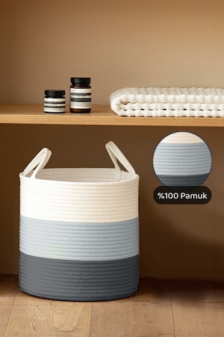 Jüt Kulplu Pamuk Halat Sepet - Çok Amaçlı Düzenleyici Hasır Dokuma Dekoratif Saksı 28 Cm Karışık Renk
