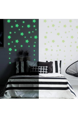 Mucit Home 50 Yıldız 1 Ay Fosforlu Duvar Süsü Renkli Yıldızlı Gece Parlayan Fosfor
