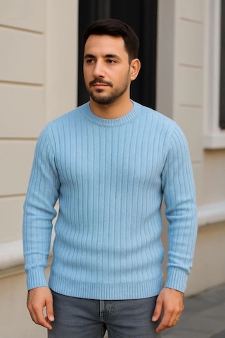 Erkek Bisiklet Yuvarlak Yaka Triko Kazak Pamuklu Kalın Fitilli Dokuma, Regular Fit Uzun Kollu Kışlık Bebe Mavisi