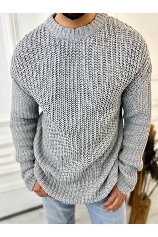 Elku Moda Kazak Oversize Çift Kat Zincir Örgü Naturel Pamuk Bol Kesim Tüylenmez Triko Kazak Gri