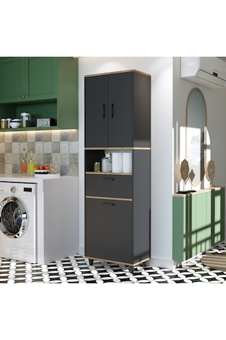 Çamaşır Sepetli Banyo Dolabı, Çok Amaçlı Dolap 60 X 200 Antrasit- Atlantik Çam