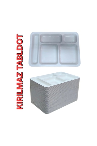 50 Adet 5 Gözlü Kırılmaz Plastik Tabldot Tabağı Beyaz Self Servis Tabildot Tabilot Tabak Beyaz