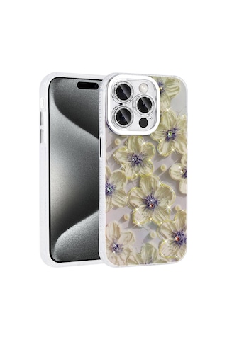 Zore Apple iPhone Uyumlu 15 Pro Max Kılıf Çiçek Desenli Parlak Taşlı Sert Silikon Omsy Garden Kapak - Mavi