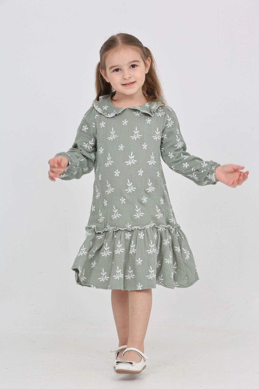Toontoy Kız Çocuk Çiçek Nakışlı Bebe Yaka Elbise Açık Yeşil