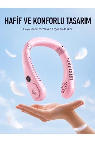 Pembe Boyun Tipi Fan Usb Şarjlı Hafif Tasarım Güçlü Hava Üflemeli Serinletici