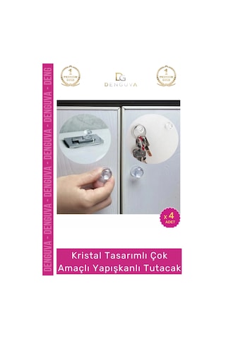 Kulp Kristal Elmas Kesim Vidasız Montaj Dekoratif Çok Amaçlı Yapışkanlı Tutacak Buton - 4 Adet Çok Renkli