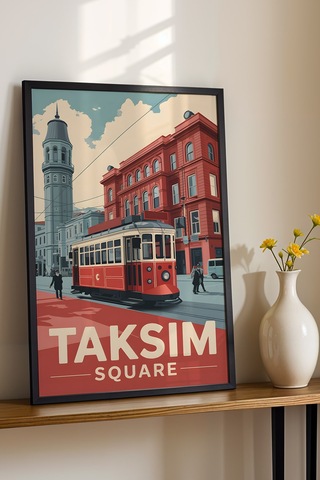 Taksim Meydanı Tablo - Nostaljik İstanbul Posteri - Retro Tramvay Duvar Dekoru - Şehir Tablosu Siyah