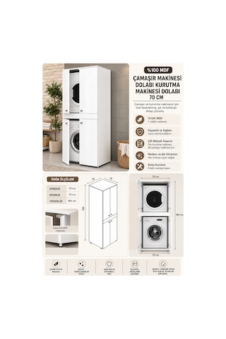 Renazzo Mdf Çamaşır Ve Kurutma Makinesi Dolabı Beyaz 187x70x70 Cm
