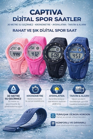 Captiva Digital 3 Atm Suya Dayanıklı Işık+alarm+kronometre+takvimli Çoçuk Kol Saati Cp.ml.001s4 Mor