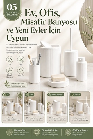Çizgili Desenli Beyaz 5 Parça Banyo Seti Sıvı Sabunluk Sabunluk Ve Diş Fırçalık
