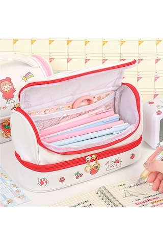 Geniş Kapasiteli Çift Bölmeli Şık Ve Dayanıklı Okul Ve Ofis Kalem Kutusu Beyaz