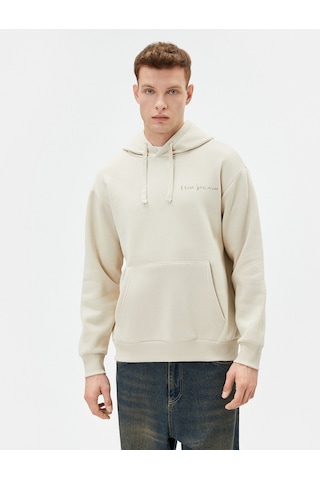 Koton Arkası Baskılı Hoodie Oversize Sloganlı Kanguru Cep Detaylı Bej 4wam70455mk Ekru