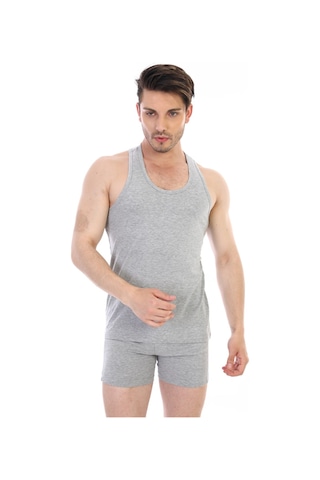 Çift Kaplan Erkek Elastanlı Spor Gri Atlet 916