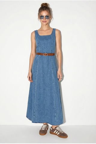 Shade Kadın Geniş Yaka Askılı Kemerli Kloş Denim Elbise 6084 60286108 - Mavi