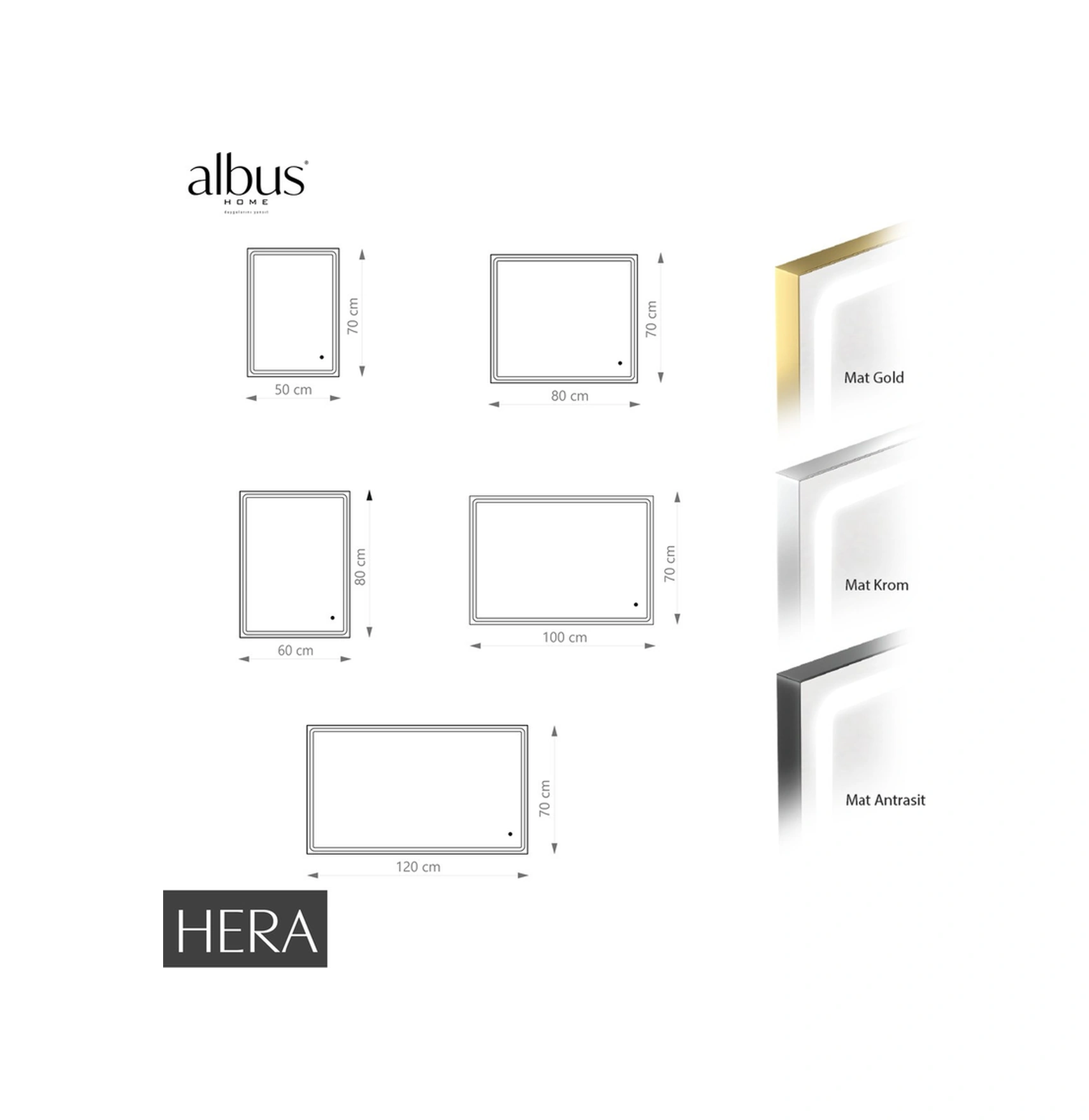 Albus Home - Hera Led Aydınlatmalı Ayna - Tri-color Dimmer Defogger Mat Krom
