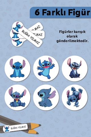 Stitch Temalı Kişiye Özel İsimli Defter Kalem Okul Etiketi, Yırtılmaz Pvc Etiket, Islanmaz Beyaz