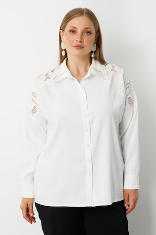 Moda İlgi Kadın Büyük Beden Nakış Detaylı Oversize Gömlek 0041 Ekru Ekru
