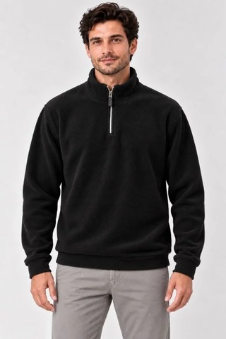 Suma Erkek Polar Dik Yaka Yarım Fermuarlı Uzun Kollu Regular Fit Kışlık Sweatshirt - Siyah
