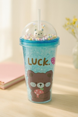 Çocuklar İçin Sevimli Renkli Boncuklu Luck Bear Tasarımlı Pipetli İçecek Bardağı Suluk Mavi 2093 Çok Renkli
