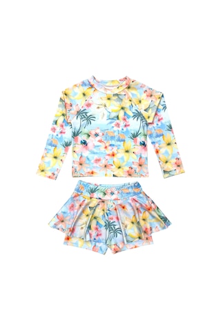 Lolliboomkids Kız Çocuk Pastel Renk Çiçek Desenli Uzun Kollu Tayt Etekli 2 Parça Mayo / Bikini Takımı Çiçek Çok Renkli