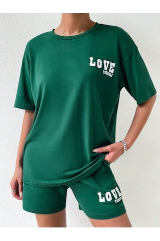 Love Yourself T-shirt Şort - Yeşil Alt Üst Kombin Şort Tişört Takım Baskılı Oversize Bisiklet Yaka Yeşil