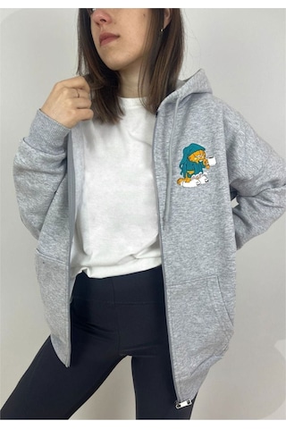 Altamira Unisex Gri Karikatür Baskılı Mevsimlik Oversize Kapüşonlu Hırka 001